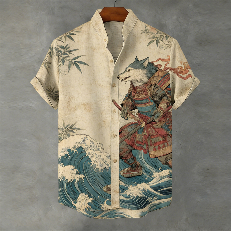 Japanese Wolf Samurai Sea Waves Linen Shirt  artssus