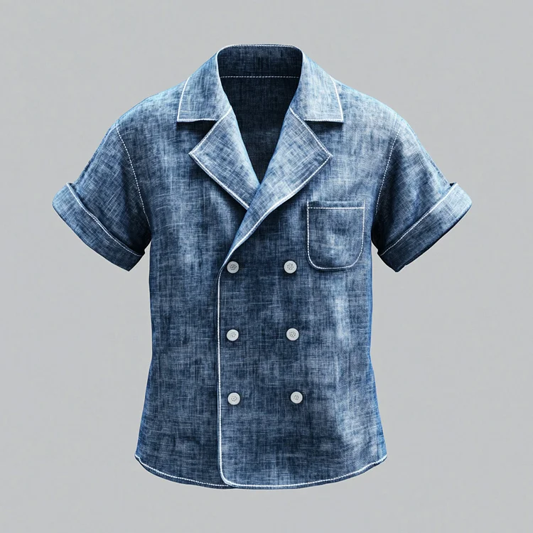 Men's Notch Lapel Double Breasted Chest Pocket Short Sleeve Shirt