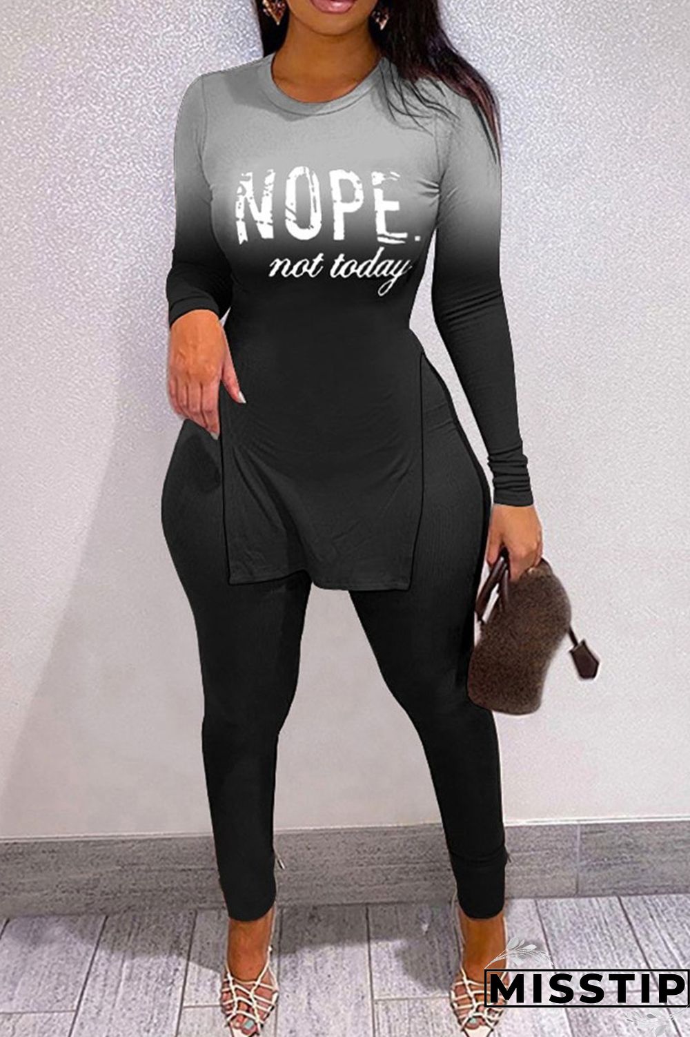 Black Casual Letter Print Patchwork Slit O Neck Long Sleeve Two Pieces