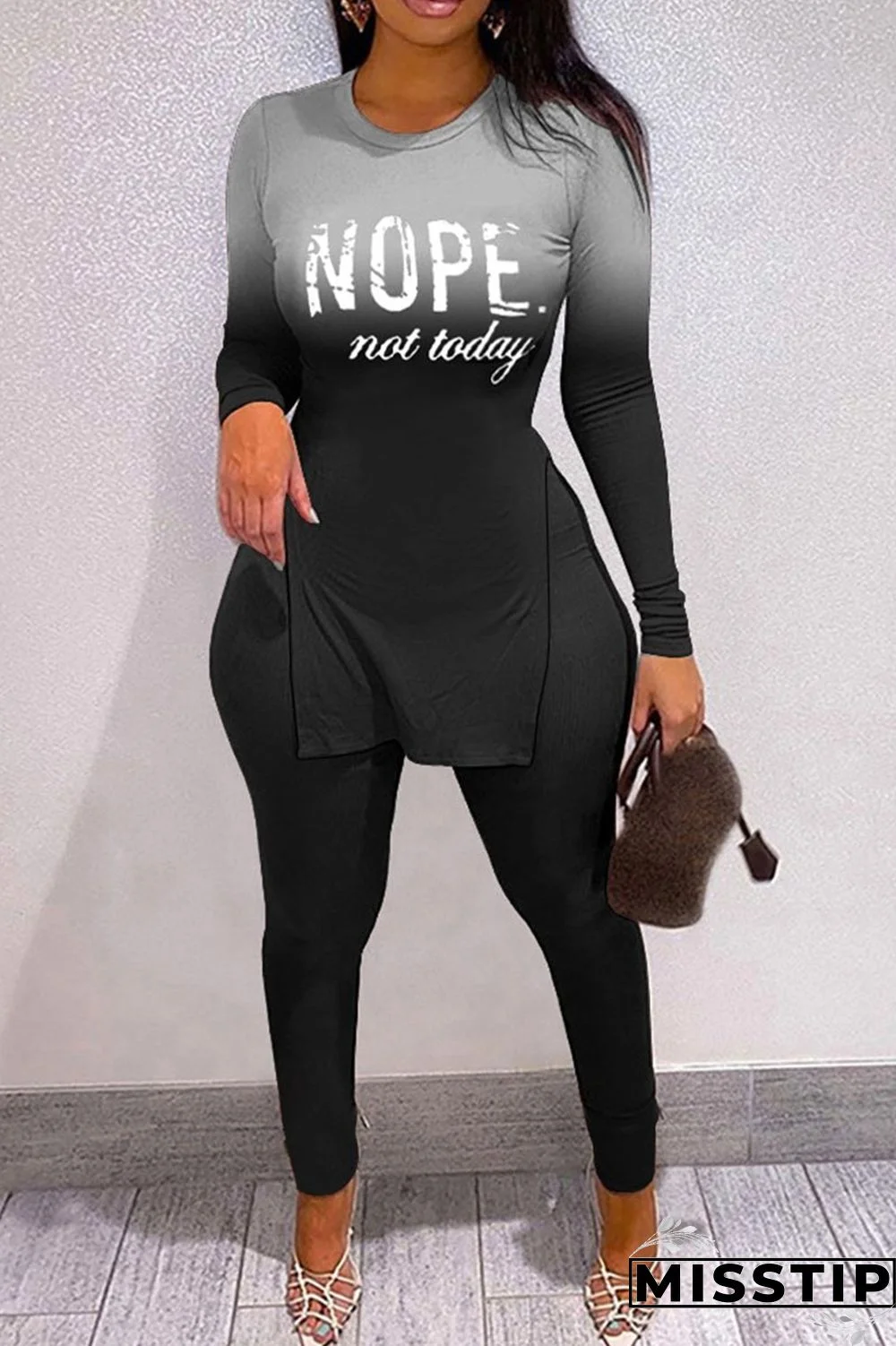 Black Casual Letter Print Patchwork Slit O Neck Long Sleeve Two Pieces