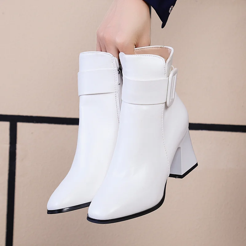 Qengg Black Thick High Heel Ankle Boots Women 2020 Pointed Toe Keep Warm Elegant Short Booties Ladies Ankle Buckle Decoration
