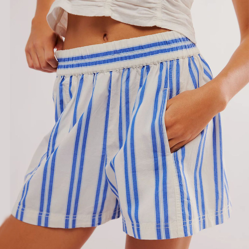 Mature Women Y2K Stripe Print Shorts Summer Fashion Elastic Beach Pants With Pockets