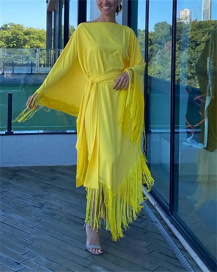 Women's Yellow Round Neck Tassel Dress