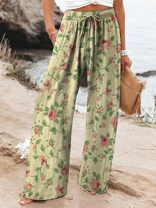 Spring Field Repeat Pattern Printed Women's Cotton And Linen Casual Pants