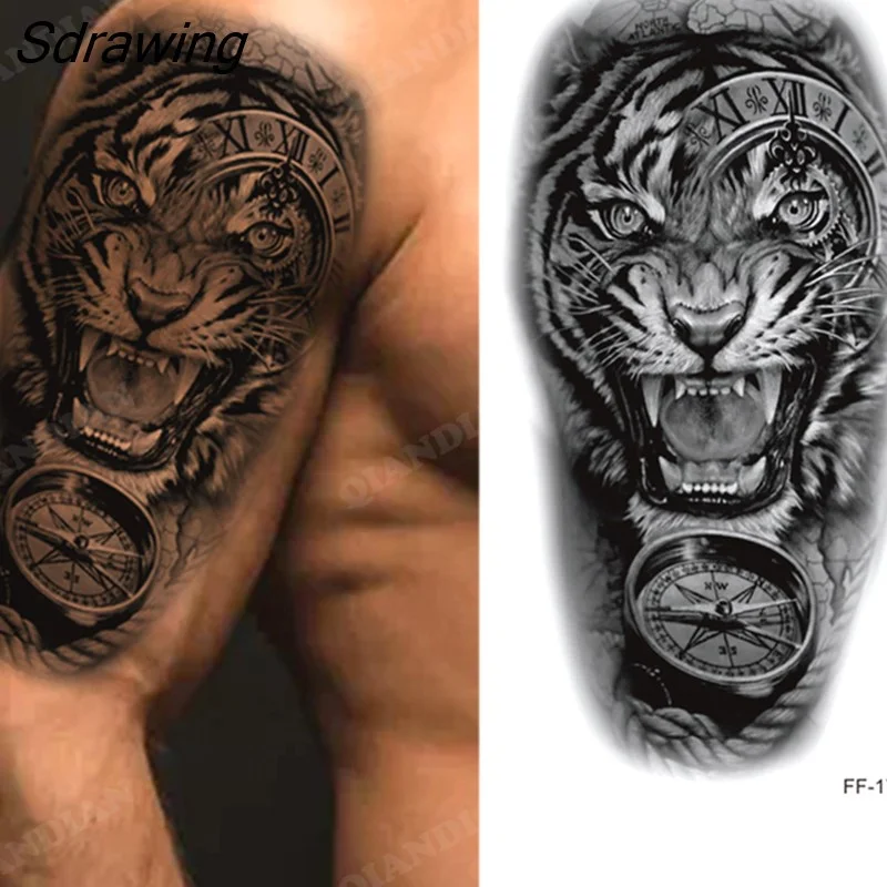 Sdrawing New Waterproof Temporary Tattoo Sticker Lion King Tiger Wolf Forest Mechanical Wild Boat Men Body Art Arm Fake Tatoo Women