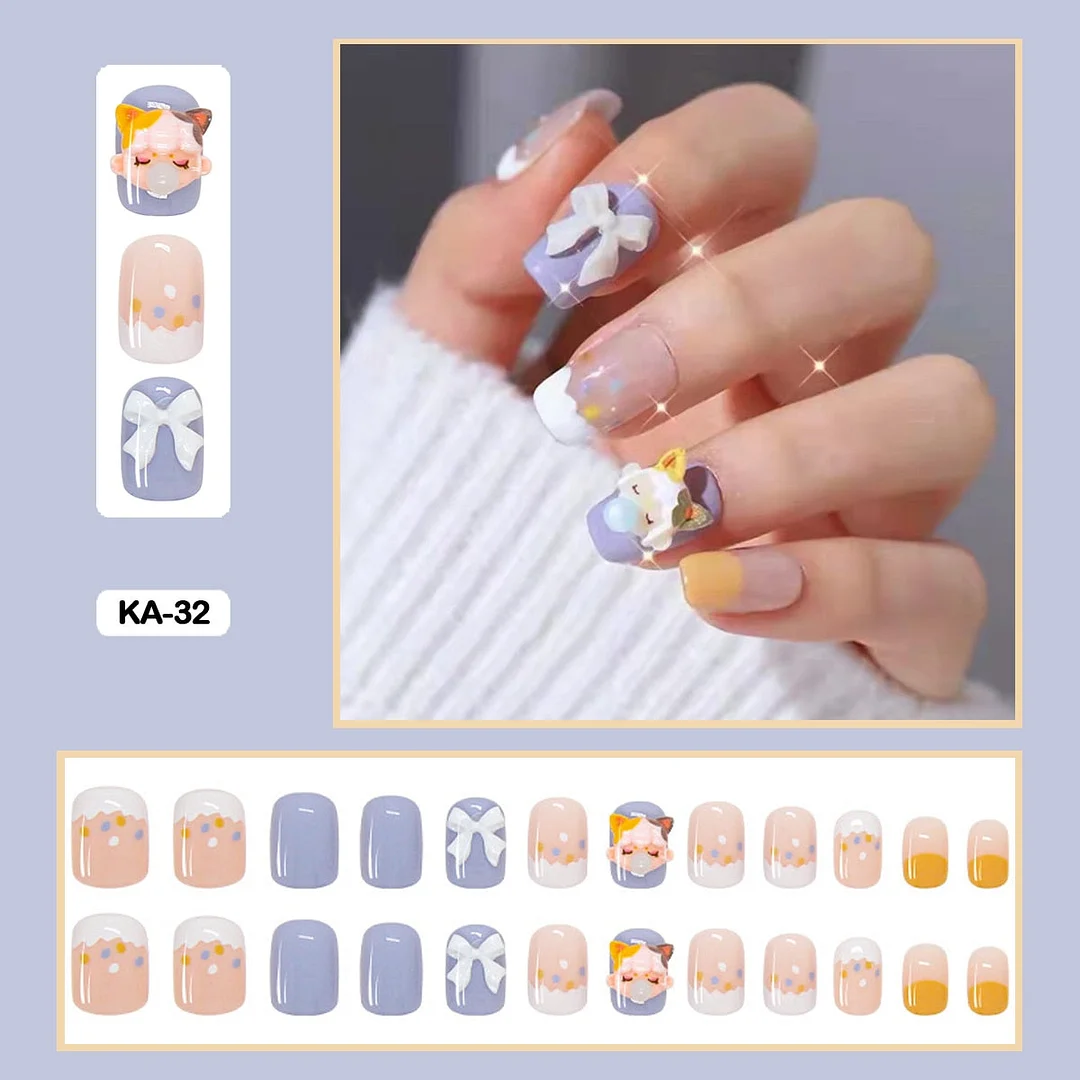 Butterfly Lovely Girl Nail Art Wearable Press On Fake Nails Tips With Glue And Sticker 24pcs/box With Wearing Tools As Gift-Nail Inspo