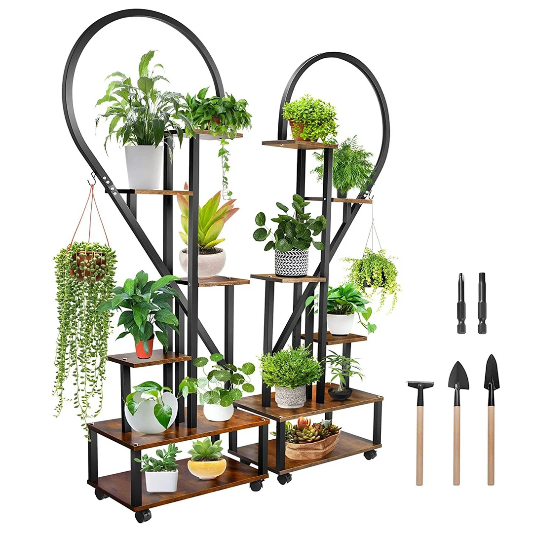 Metal Plant Stand Indoor with Wheels, Creative Heart Shape Plant Shelf Holder, 6 Tier Tall Plant Stand for Indoor Plants Multiple Plant Rack for Home Decor, Balcony, Patio, Garden.Extra Gardening Tools ＆Screwdriver Drill Bit as gifts