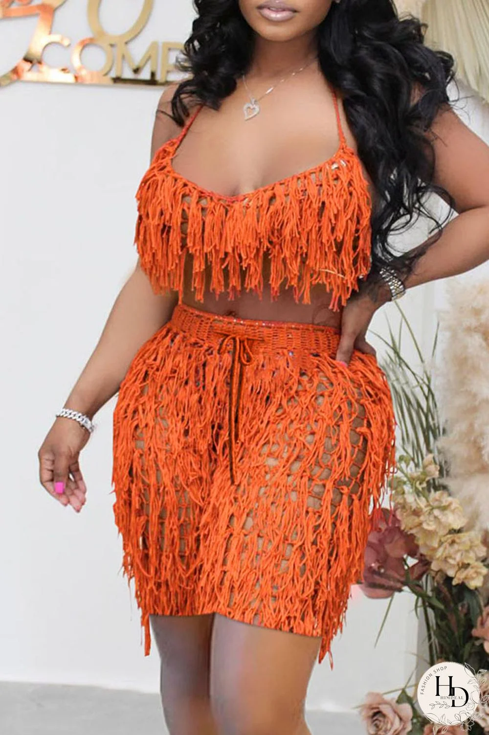 Tangerine Red Sexy Solid Tassel Hollowed Out Patchwork Halter Sleeveless Two Pieces