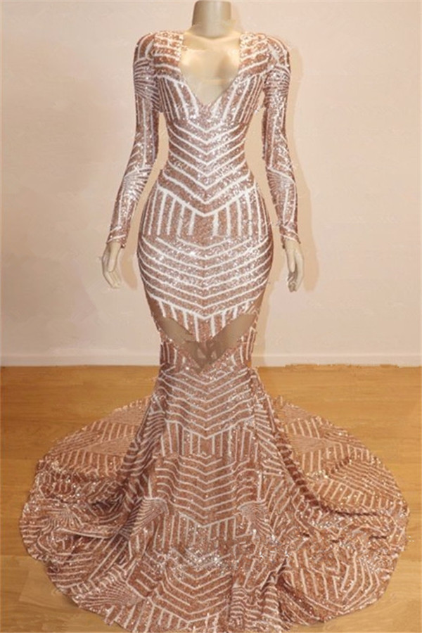 Bellasprom V-Neck Sequins Prom Dress Mermaid Long Long Sleeves Bellasprom