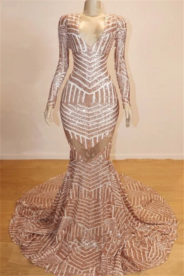 Charming Long Sleevess V-Neck Shinning Sequined Prom Dress Mermaid Long - lulusllly