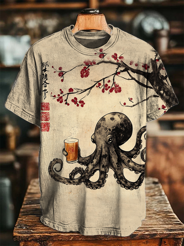 Men's The Octopus Under The Flower Tree Drinks Beer Art Print T-Shirt