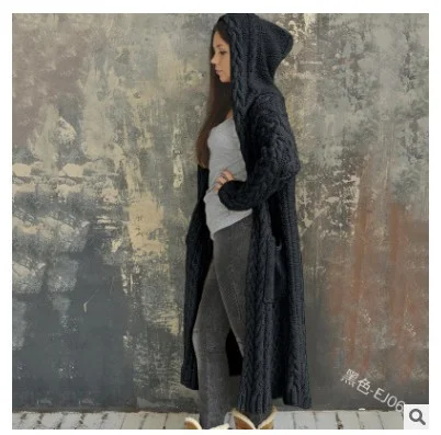 Uveng Uveng Knitted Sweater Women Loose Sesame Braided Lazy Hooded Long Cardigan Sweater