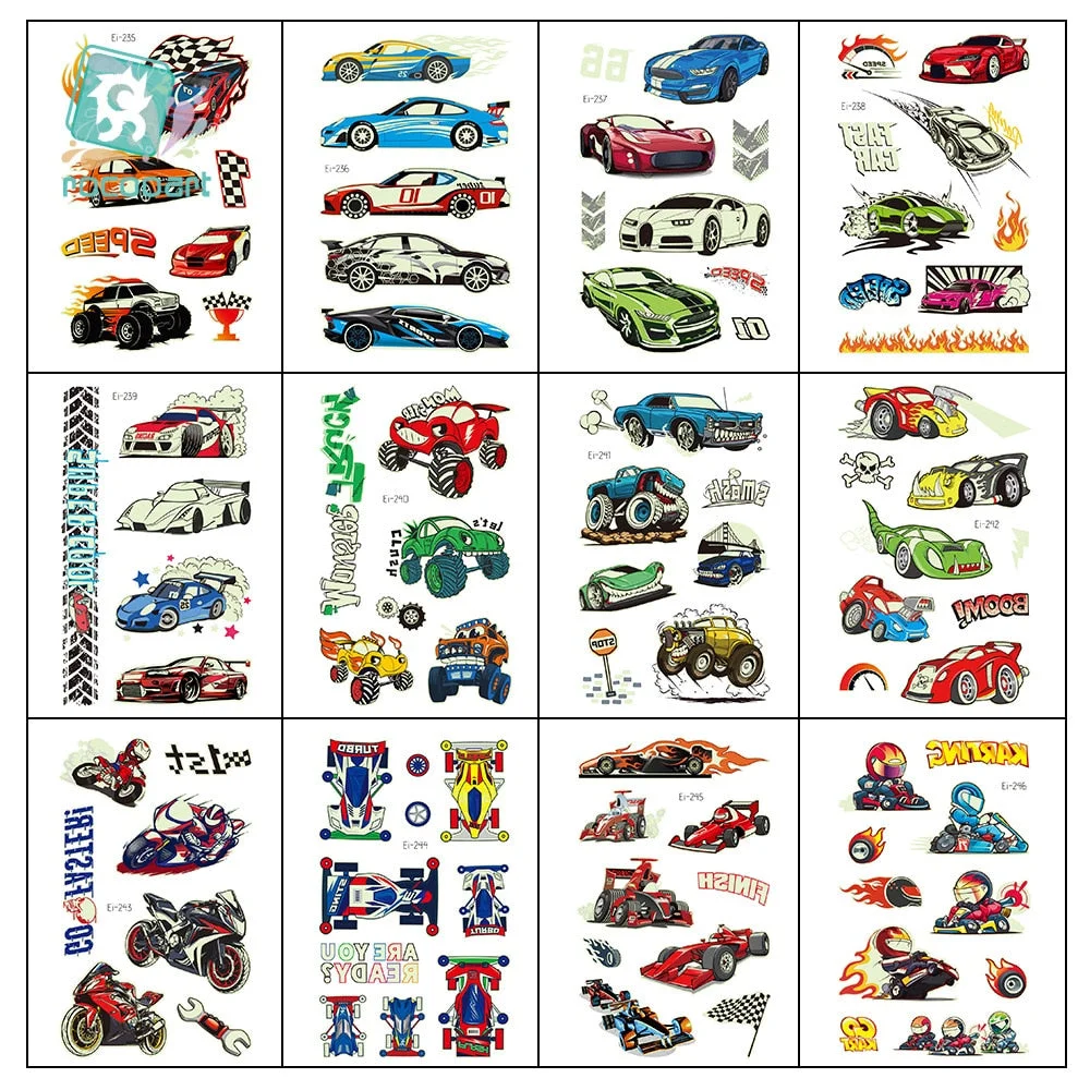 New Racing Waterproof Temporary Tatoo Sticker Children Cool Luminous Motorcycle Racing Fake Tattoo Night Glowing Tattoo Stickers