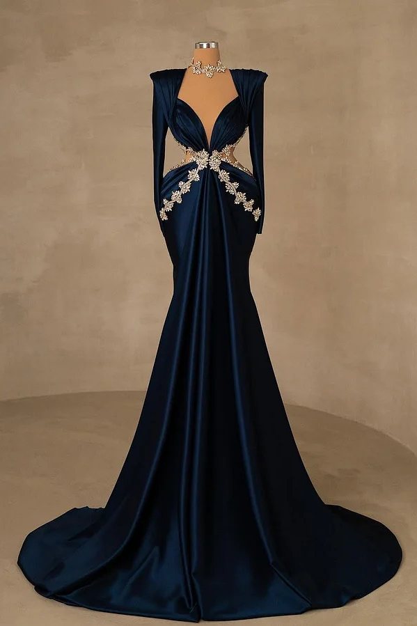Daisda Long Sleeves Deep V-Neck Mermaid Beadeds Prom Dress
