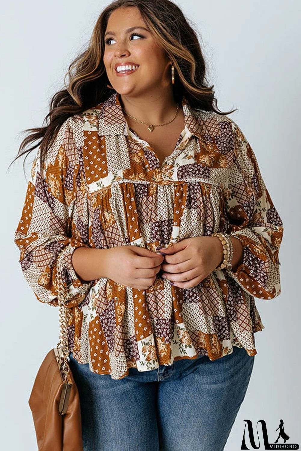 MidiSono - Turn-down Neck Mixed Print Plus Size Shirt