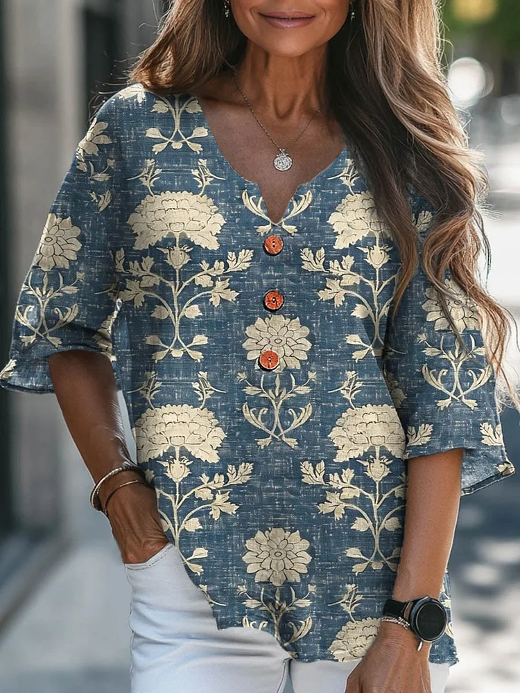 Women's Vintage Lovely Floral Art Print Casual Cotton Linen V-neck Shirt
