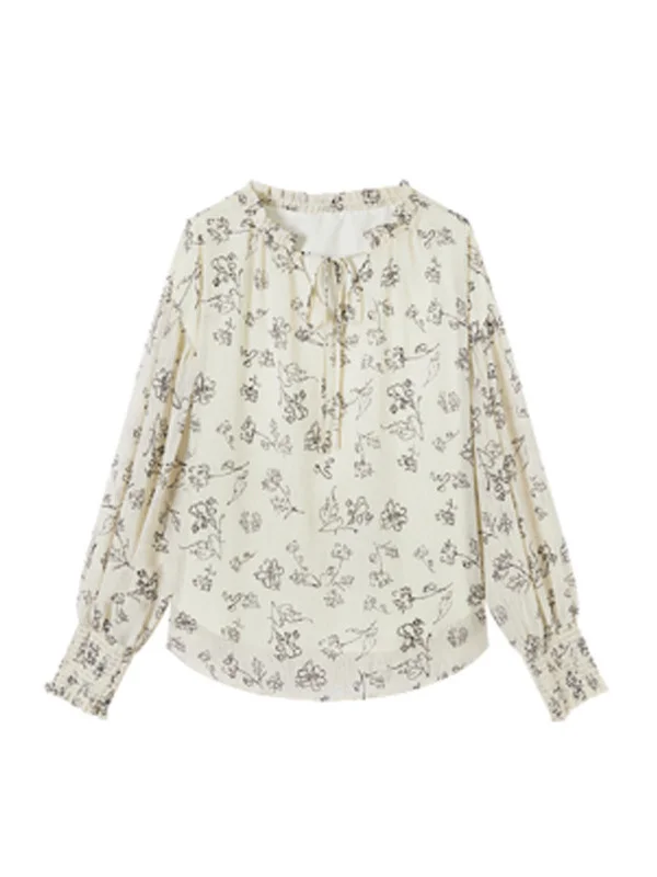 Athvotar Athvotar Elegant Wood-Eared Chiffon Shirt Women's New High-End Print Thin Comfortable Tops In Spring 2025