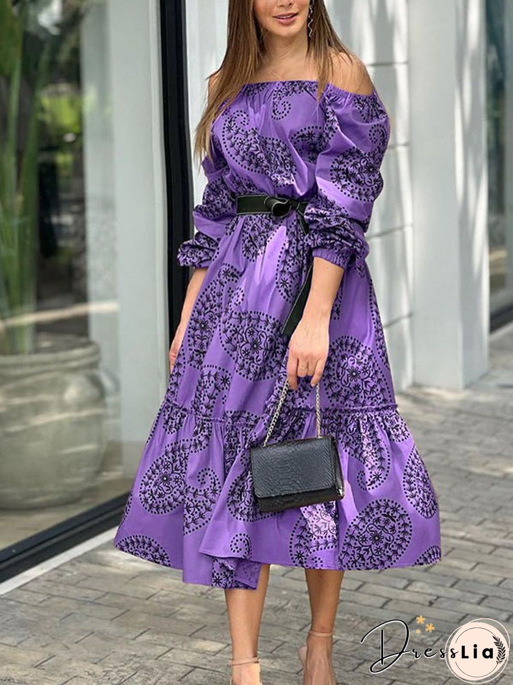 Women'S Dresses One-Shoulder Belted Long Sleeve Print Dress