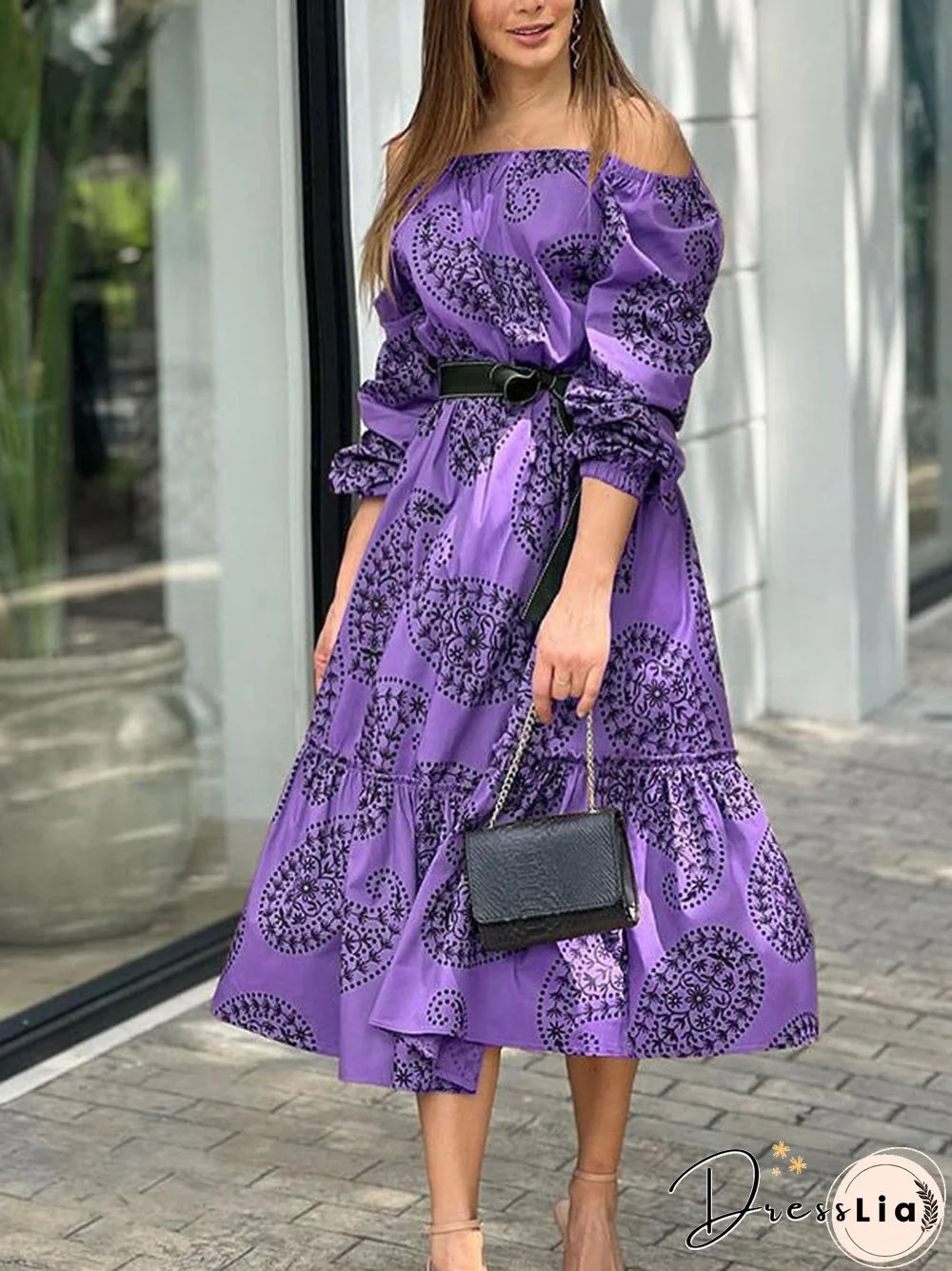 Women'S Dresses One-Shoulder Belted Long Sleeve Print Dress