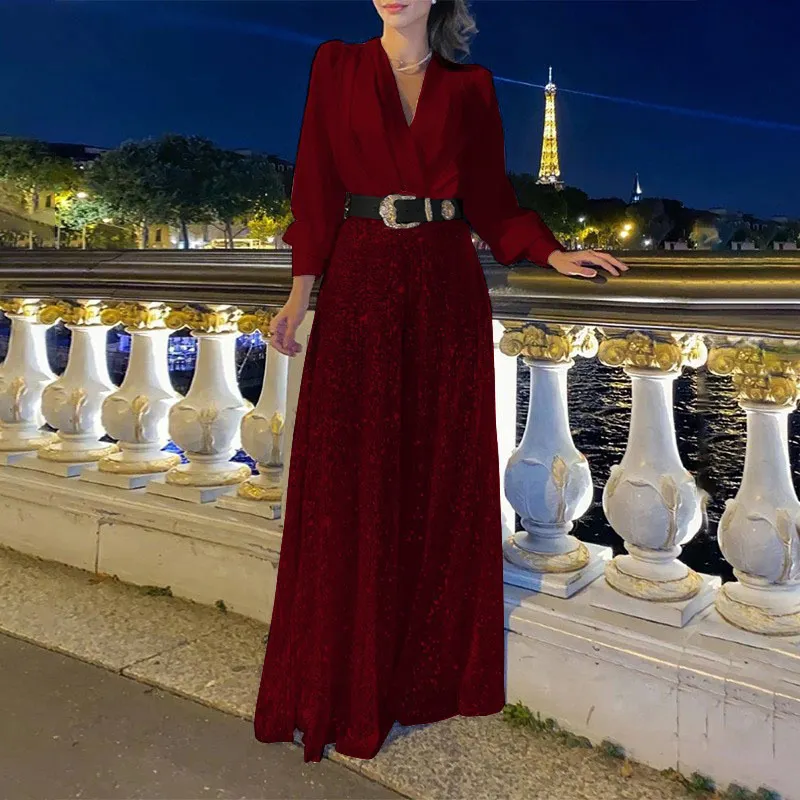 Uveng Uveng Buy Through The New Fashion V-Neck Long-Sleeved Shirt Temperament Elegant Waist Display Thin Bright Leg Pants