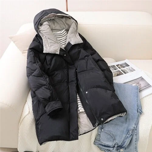 FTLZZ Winter Soft Fluffy Hooded Splicing Colour New Down Jacket Women White Duck Down Warm Coat Loose Warm Bread Clothes Outwear