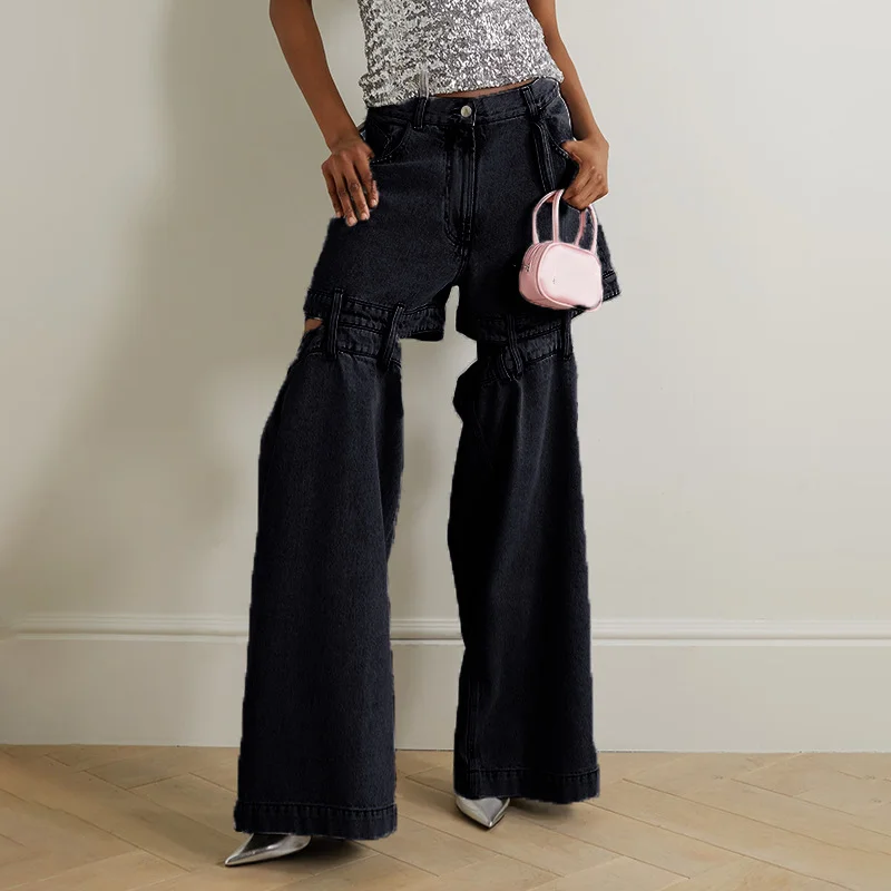 Woherb Woherb Fashion Street Style 2024 Summer Dig Cut Hollow Out Careful Machine Design Jeans Loose Wide Leg Pants Woman-Outfit Ideas