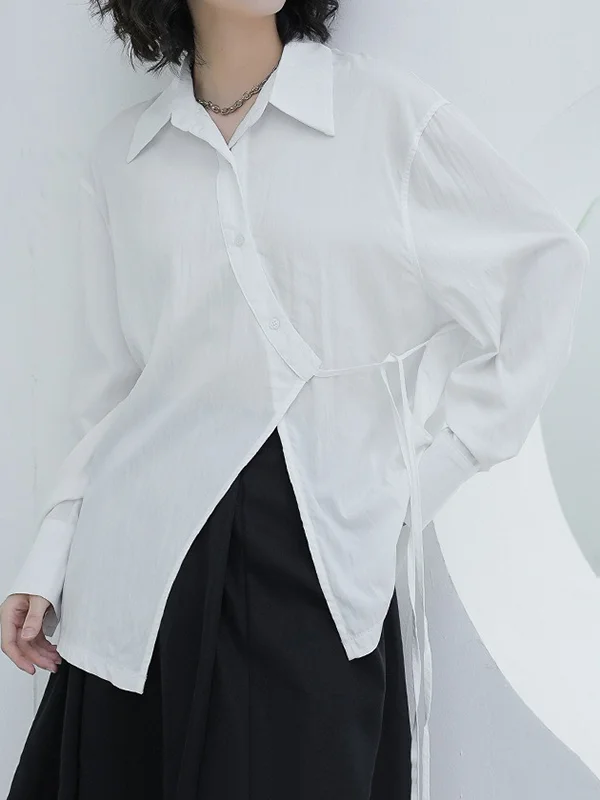 Loose Puff Sleeves Asymmetric Lace-Up See-Through Solid Color Split-Joint Lapel Blouses