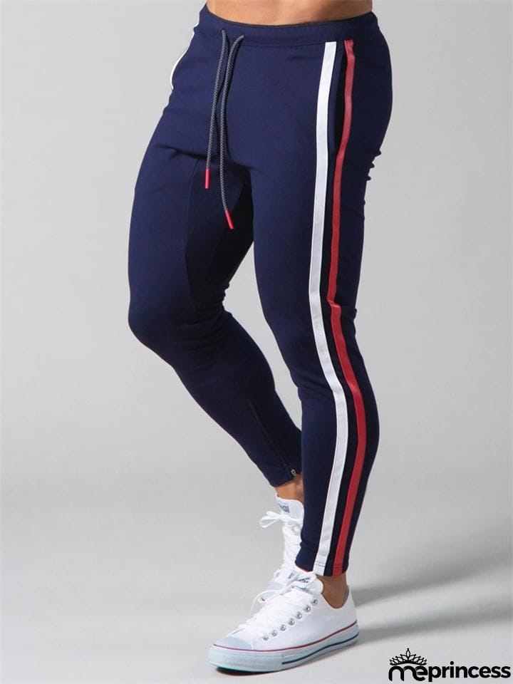 Mens Gym Breahthable Patchwork Running Zipper Pants