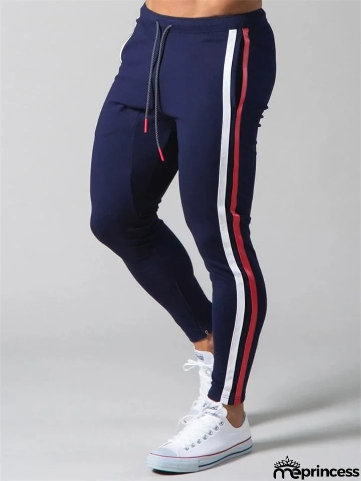 Mens Gym Breahthable Patchwork Running Zipper Pants