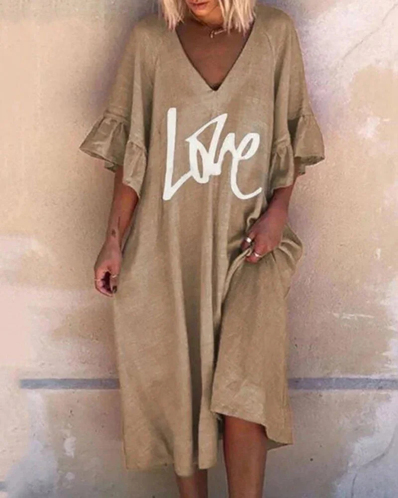Solid Color Letter Printing Flared Sleeve Ruffled Hem Casual Maxi Dress