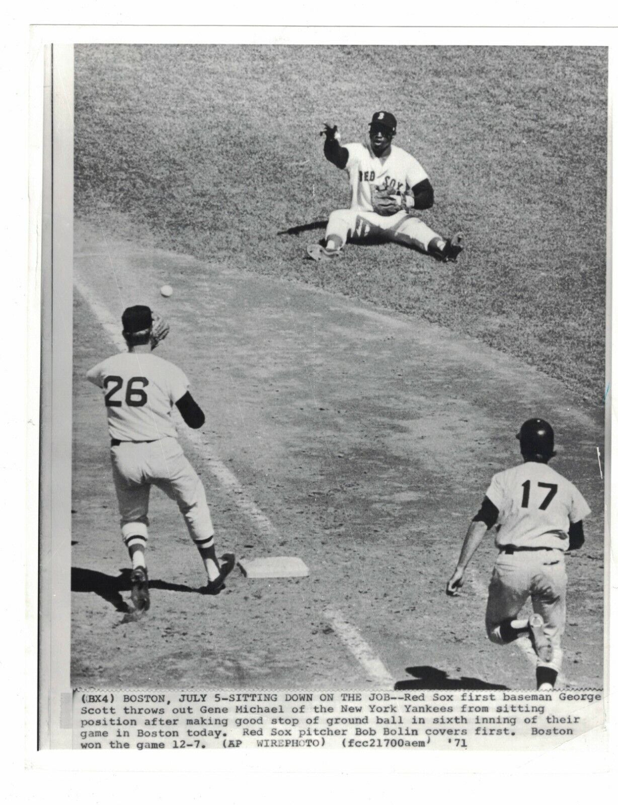 George Scott Bob Bolin Red Sox Gene Michael NY Yankees 1971 AP Wire Photo Poster painting AO182