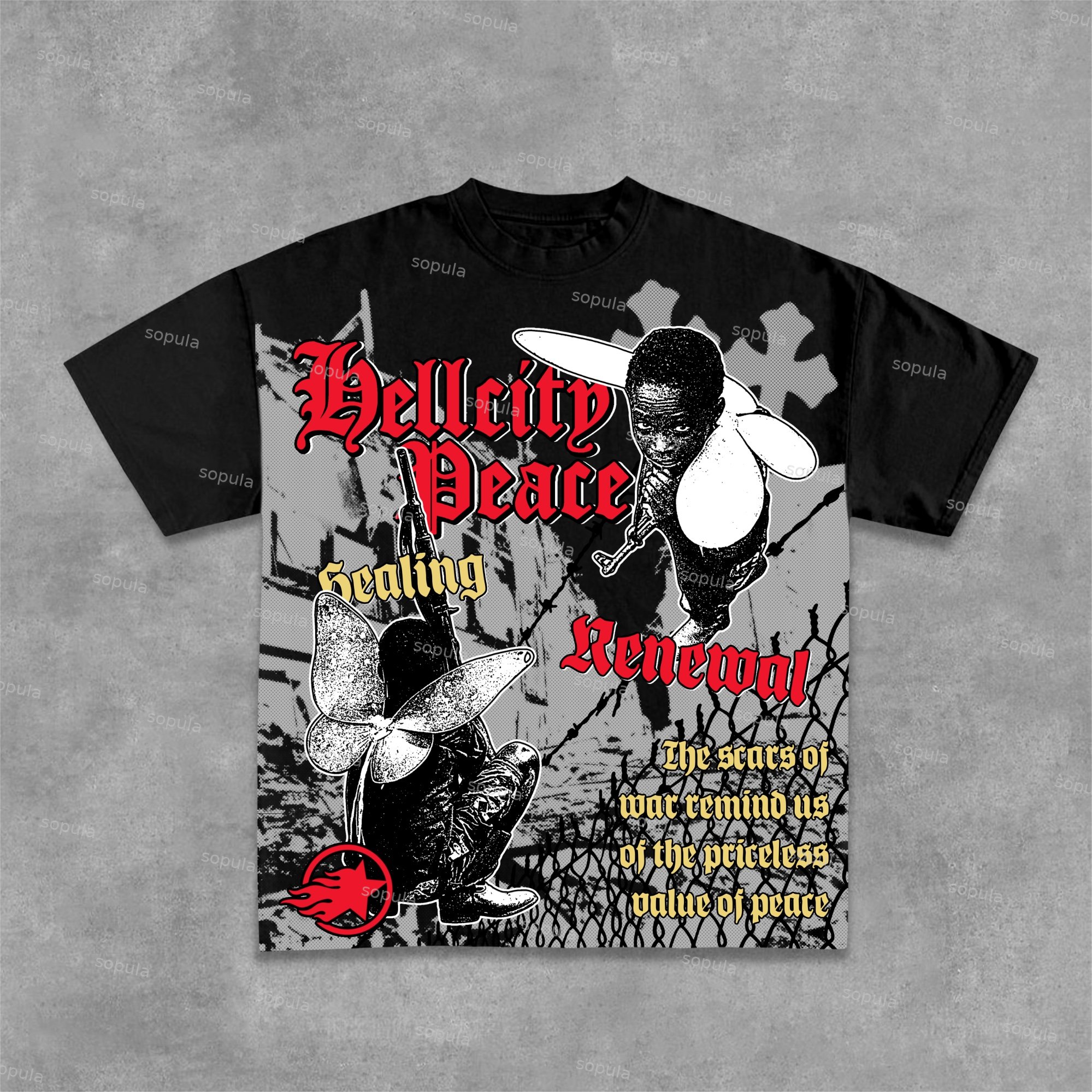 Hellcity - New Print Pattern - War Cotton T-Shirt - Sopula｜Premium Graphic Tees & Graphic Clothing