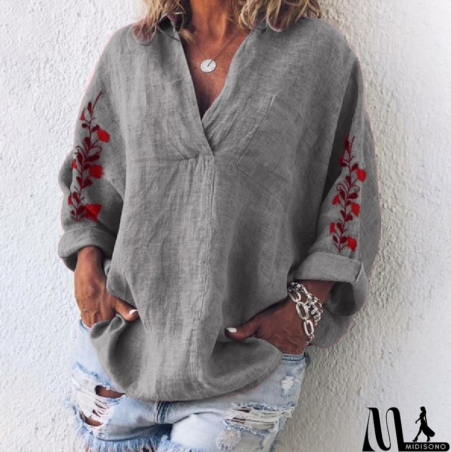 MidiSono - Loose Long Sleeve V-Neck Shirt