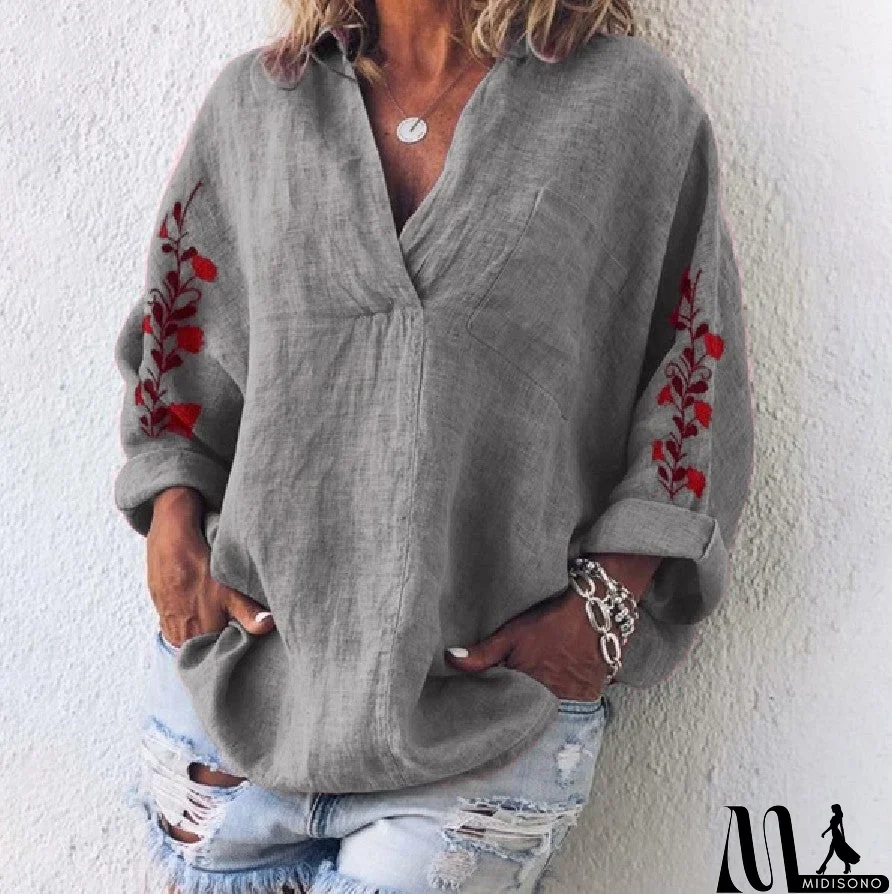 MidiSono - Loose Long Sleeve V-Neck Shirt