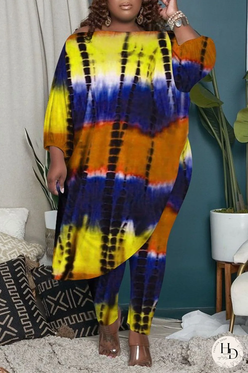 Yellow Fashion Casual Tie Dye Asymmetrical O Neck Plus Size Two Pieces