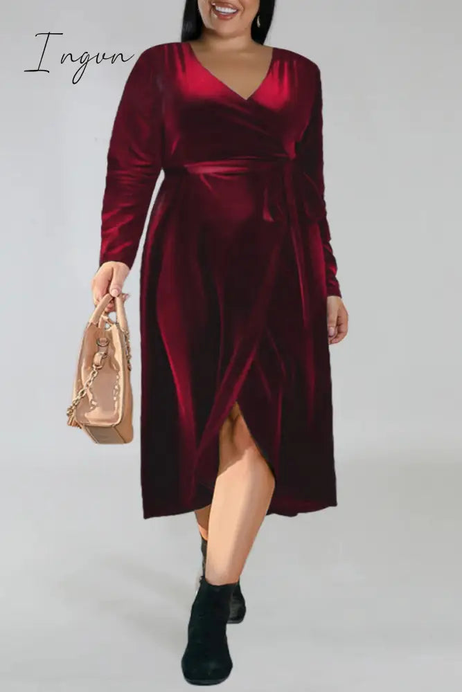 Ingvn - Burgundy Casual Solid Frenulum V Neck Long Sleeve Plus Size Dresses / Xl Plus Size