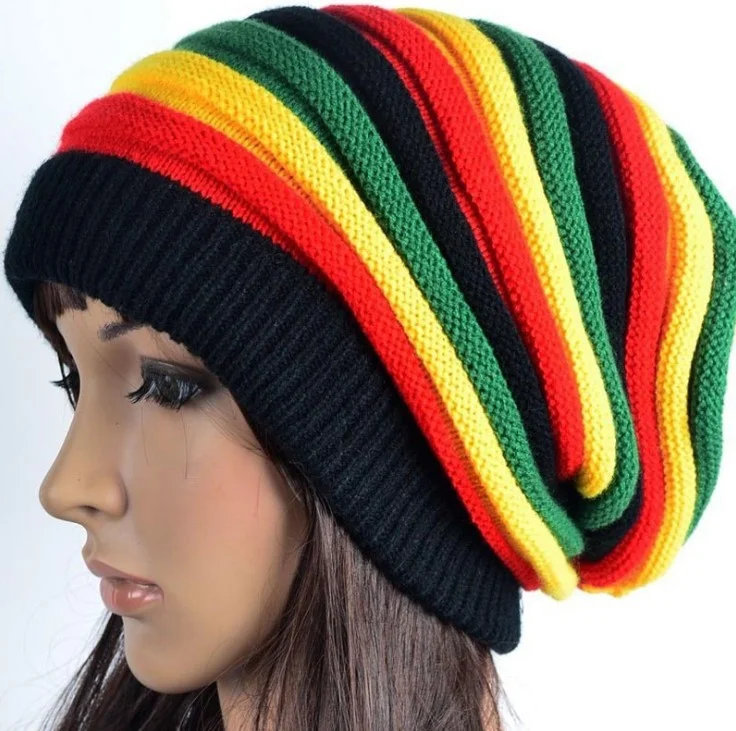 Jamaican Beanie Color Stripe Long Rainbow Knitted Pullover Hat