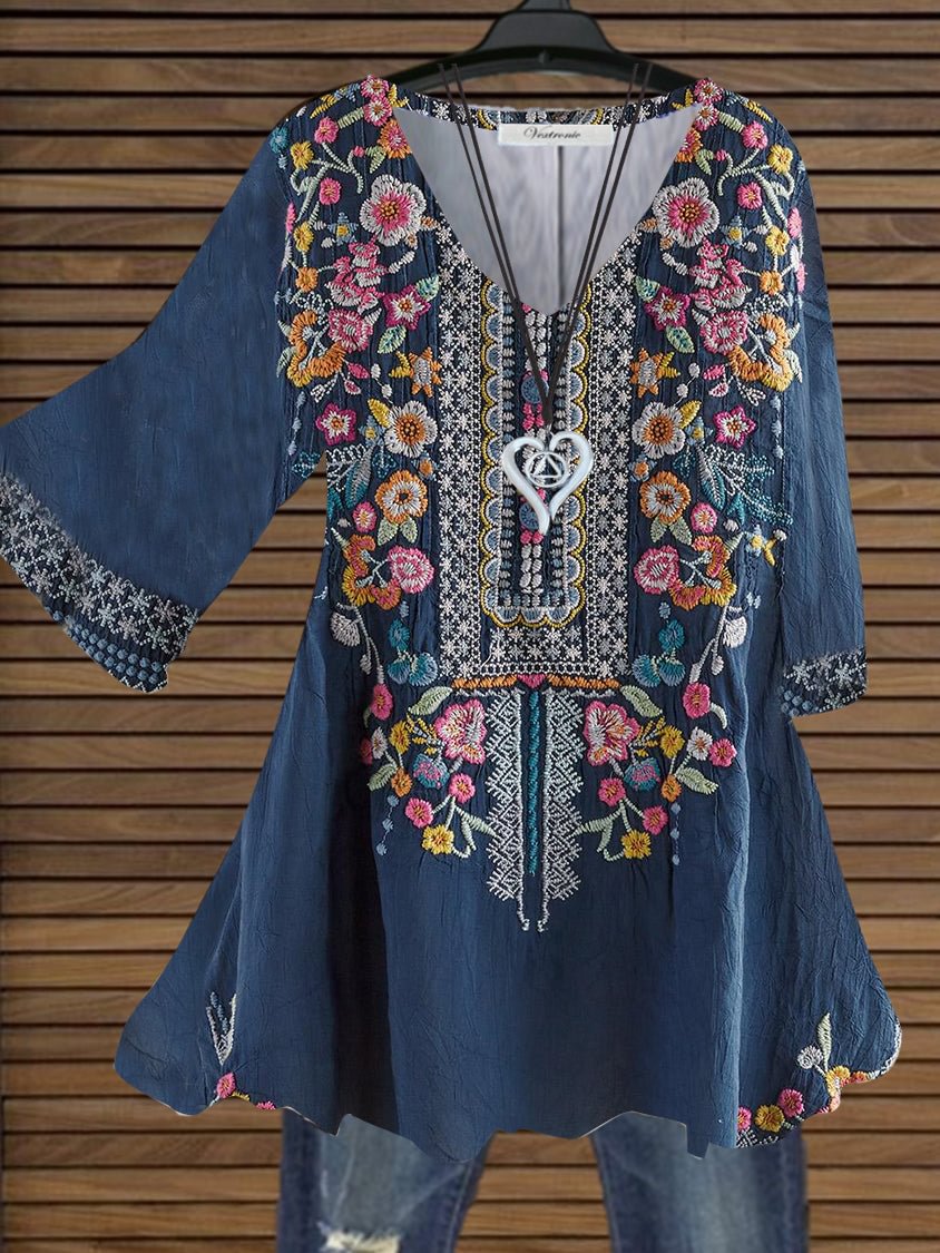 Women Casual Half Sleeve V-neck Floral Printed Denim Blue Top Dress