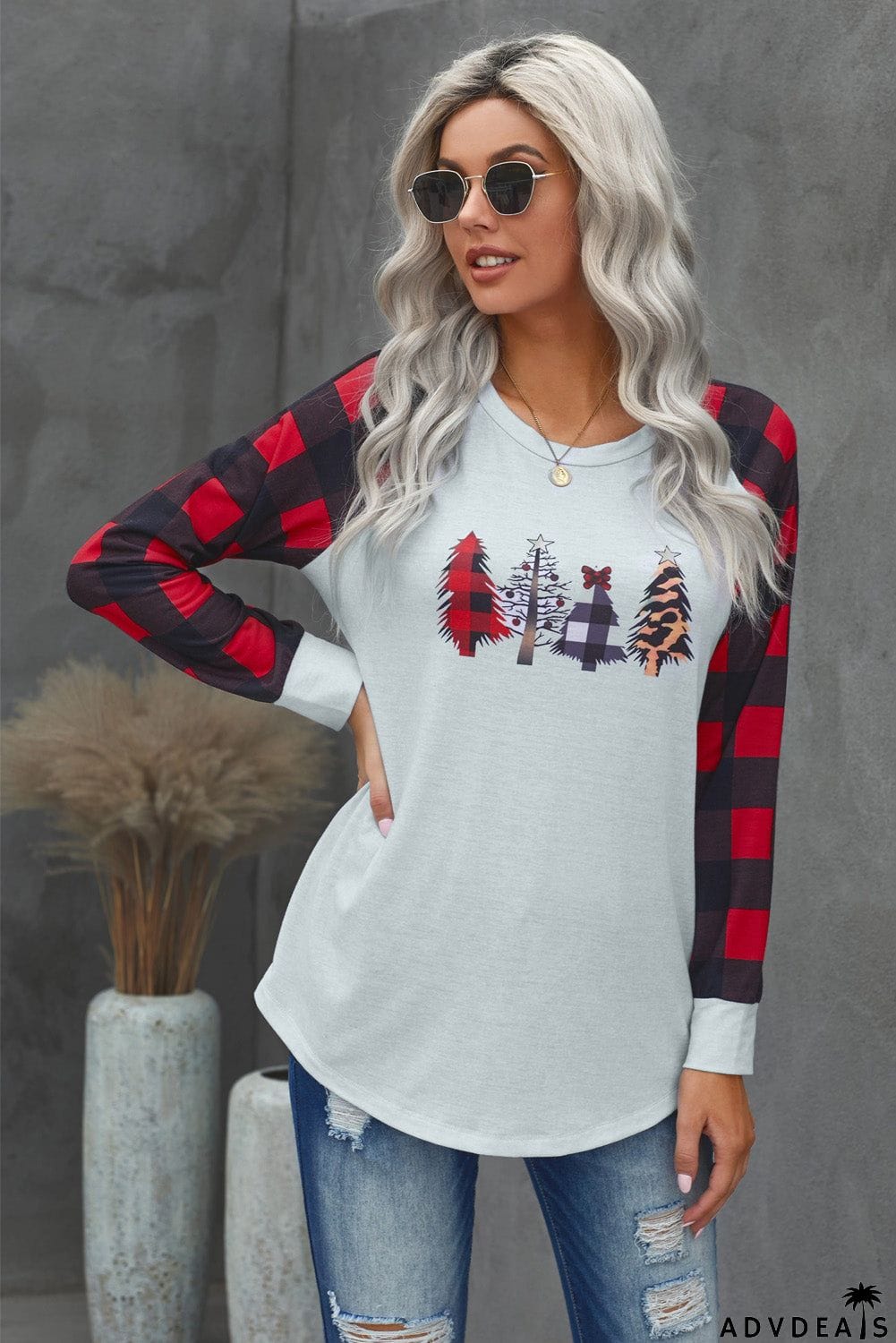 Christmas Pattern Plaid Splice Long Sleeve Top