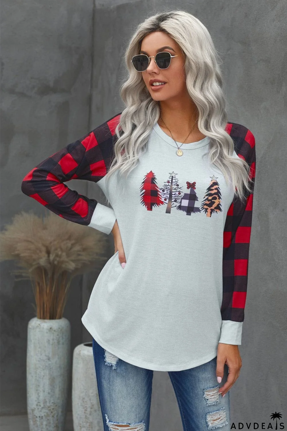 Christmas Pattern Plaid Splice Long Sleeve Top