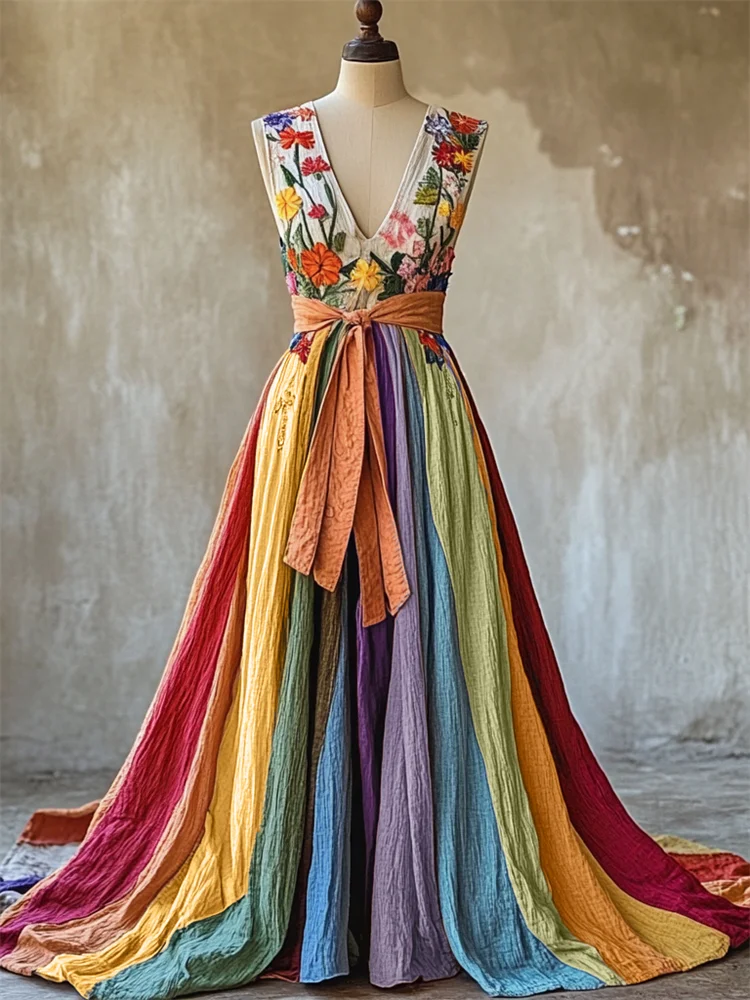 Simpfit Elegantes Maxikleid Nachahmung Baumwolle und Leinen mit BlumenDrucken und Regenbogen-Farbblock