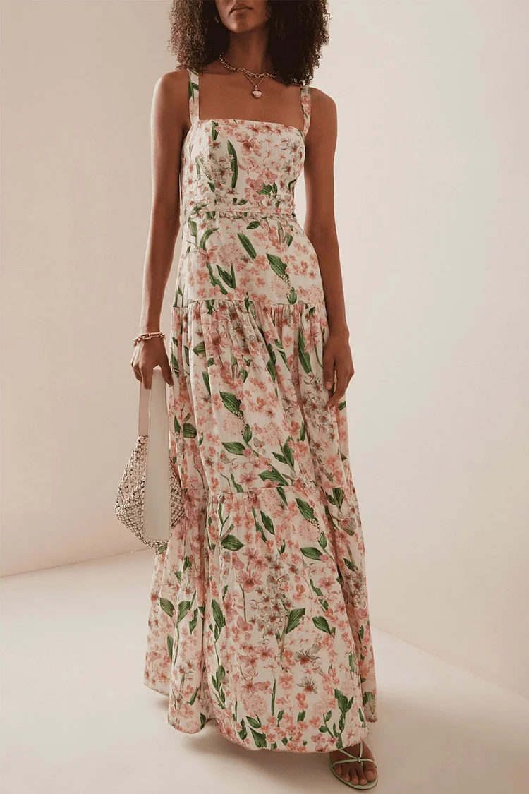 Everyday Multicolor Plant Floral Print Tiered Cami Maxi Dress
