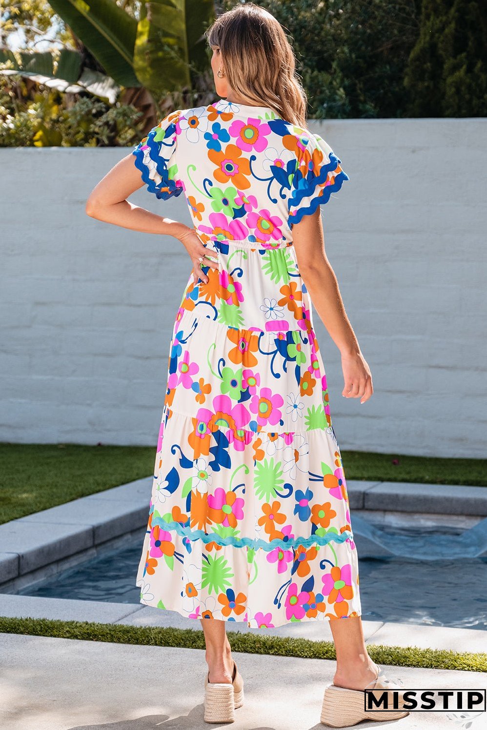 Ricrac Trim Flutter Floral Maxi Dress