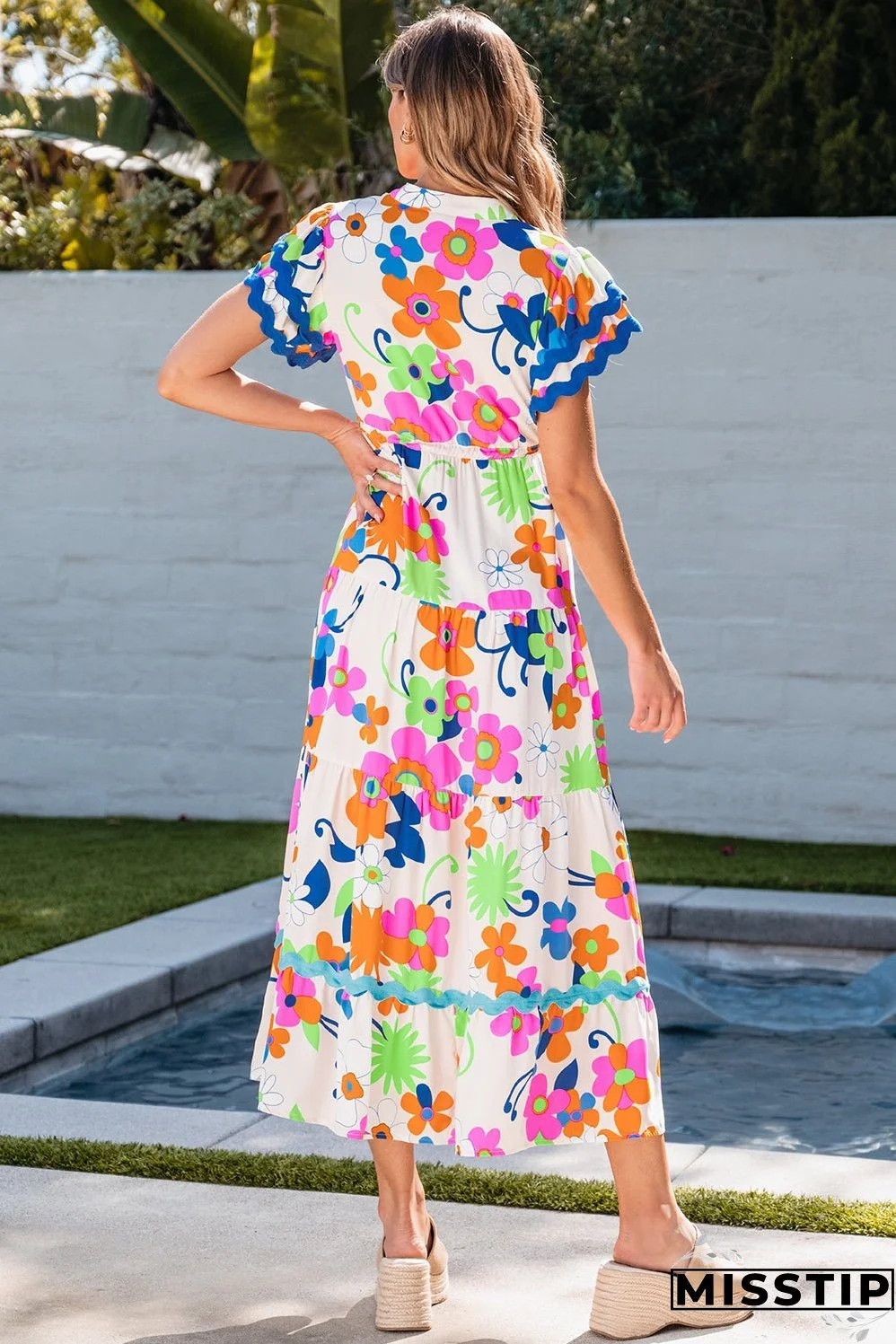 Ricrac Trim Flutter Floral Maxi Dress