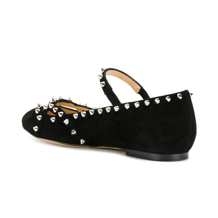 Black Pointy Toe Rivet Mary Jane School Flats Vdcoo