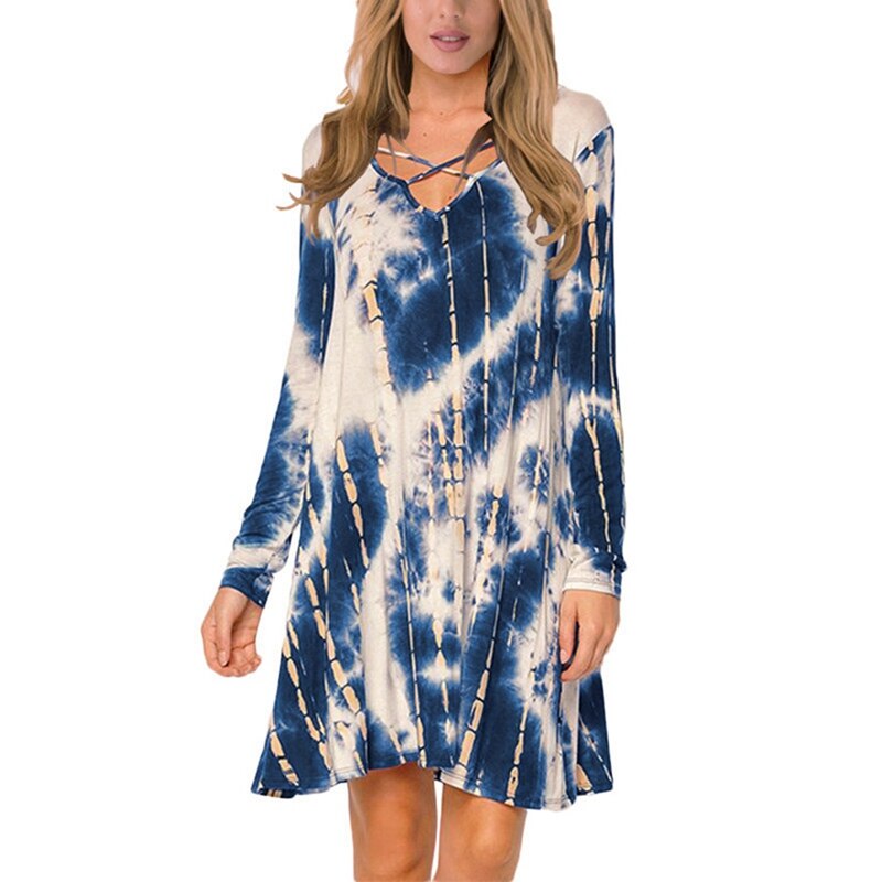 Women'S Fashion Tie Dye Print Casual Cross Long Sleeve Mini Dress