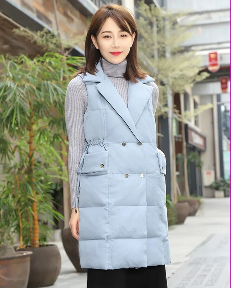 2021 Cotton Padded Down Vest Women Mid-Length Autumn Winter Warm Sleeveless Waistcoat Sashes Outerwear Student Vest Jacket