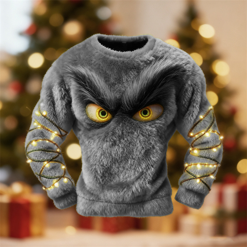 Men's Christmas Lights Monster Eyes Cozy Plush Sweatshirt elevenforest