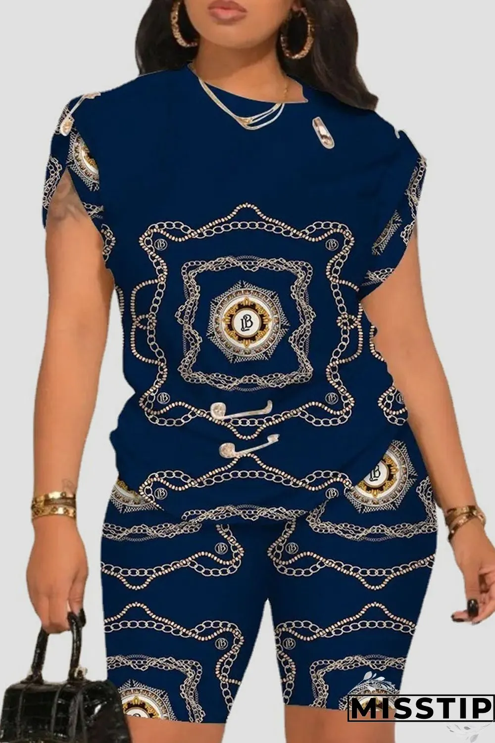 Navy Casual Street Print Patchwork O Neck Short Sleeve Two Pieces
