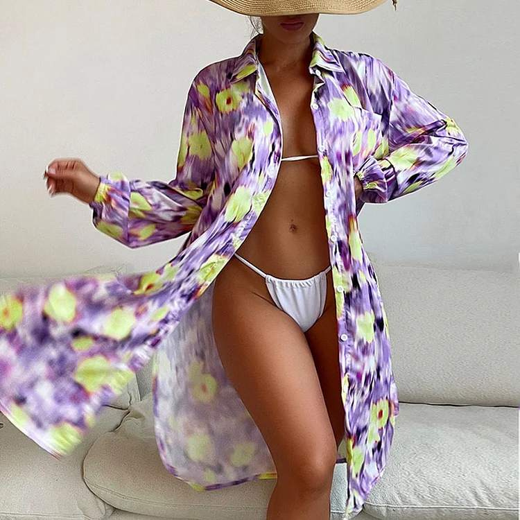 Print Mid-length Side Slit Shirt Cover Up